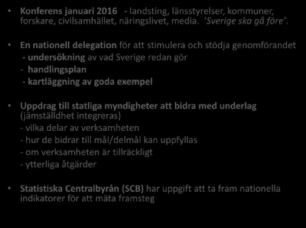 Sveriges åtagande Konferens januari 2016 - landsting, länsstyrelser, kommuner, forskare, civilsamhället, näringslivet, media. Sverige ska gå före.