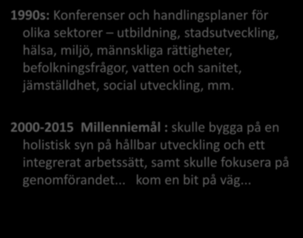 1990s: Konferenser och handlingsplaner för olika sektorer utbildning, stadsutveckling, hälsa, miljö, männskliga rättigheter, befolkningsfrågor, vatten och sanitet, jämställdhet, social