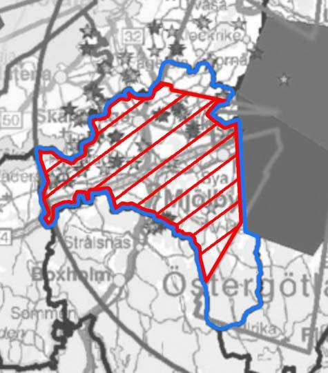 Ett bedömningsområde för inflygningssystemen, blå linje på kartan nedan, finns också inom stopp-området. Mjölby kommun berörs inte av Karlsborgs flygplats restriktionsområden.