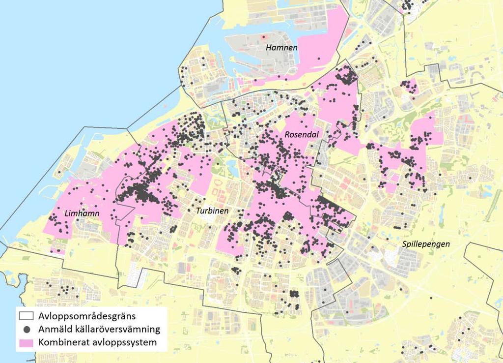 Dagvatten SOU 2017:42 Figur 5.3 Karta över Malmö, anmälda källaröversvämningar vid skyfallet Hamnen '....: D Avloppsområdesgräns Anmäld källaröversvämning Kombinerat avloppssystem. :;:,binen "i. ~. -.