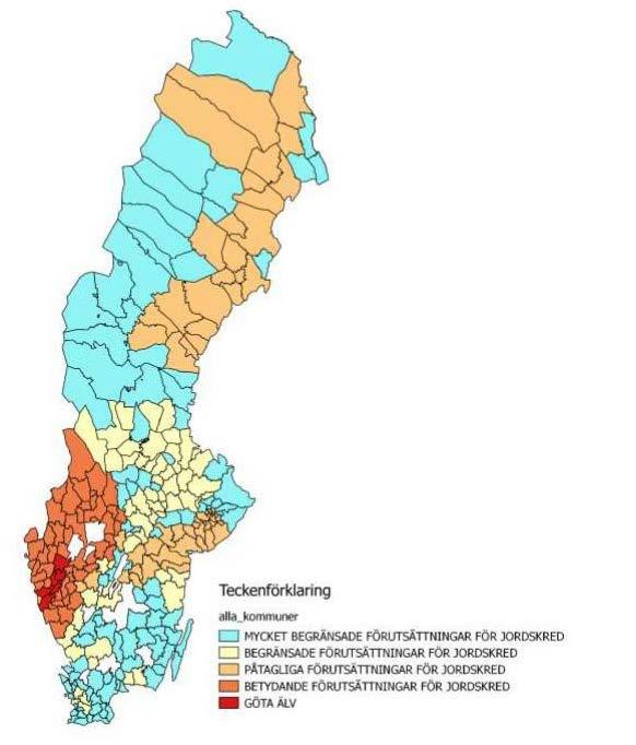 SOU 2017:42 Kostnaderna för klimatanpassning Figur 6 Indelning av Sverige i skredbenägenhetsklasser baserat på SGU:s kartläggning (PM Kostnader för förebyggande av skred, 2016-11-22) Teckenföndanng