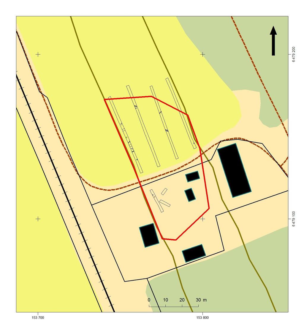 8 Figur 4. Plan över förundersökningsområde och schakt. Vägområdet markerat med brun linje.