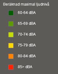 Kommunens bullerkartläggning. Beräknad ekvivalent ljudnivå. Kommunens bullerkartläggning. Beräknad maimal ljudnivå.