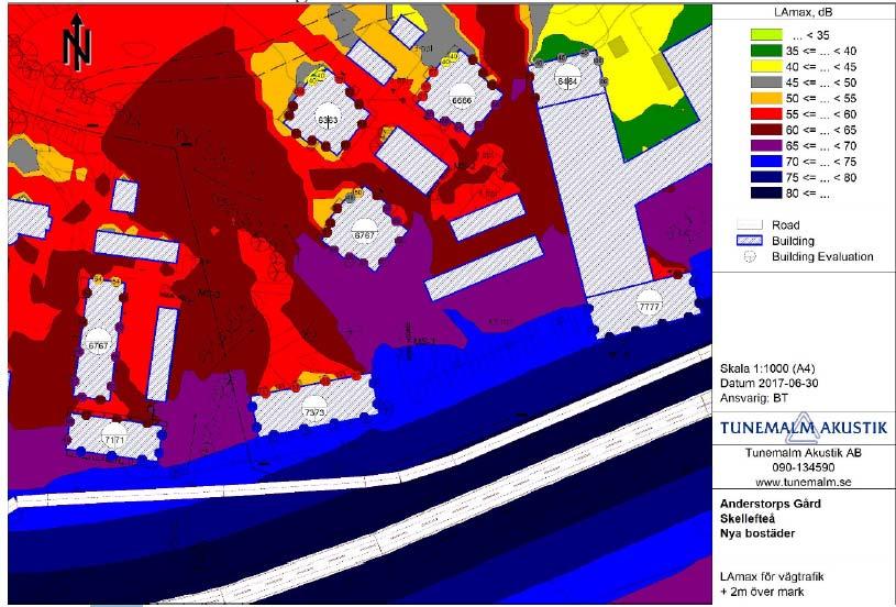Beräkningarna visar att närmast Anderstorpsleden blir dygnsekvivalent ljudnivåerna LAeq 60-62 db. Längre från vägen och på baksidorna ligger nivåerna under 60 respektive 55 db.