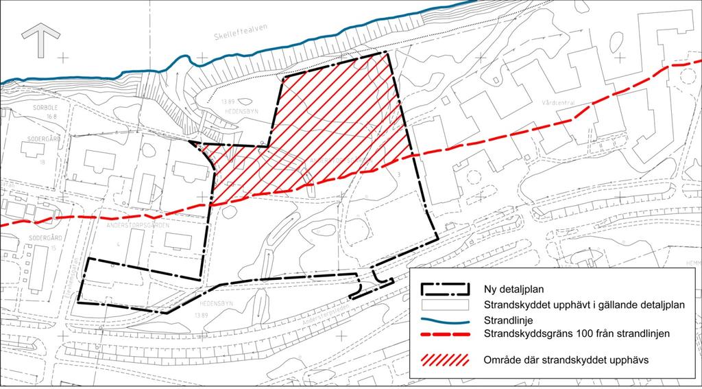 Karta, visar gräns för strandskydd och område där strandskyddet upphävs.