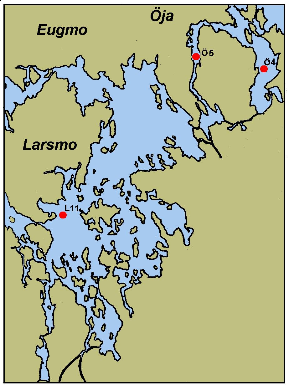 34 5 Bottenfaunaresultat (Nyman 2011) 5.1 Metoder I Larsmosjön togs prover 9.10.2010 i Gloskärsfjärden (L 11) och i Öjasjön i Bredviken (Ö 4) samt i Bysundet (Ö 5) (figur 47).