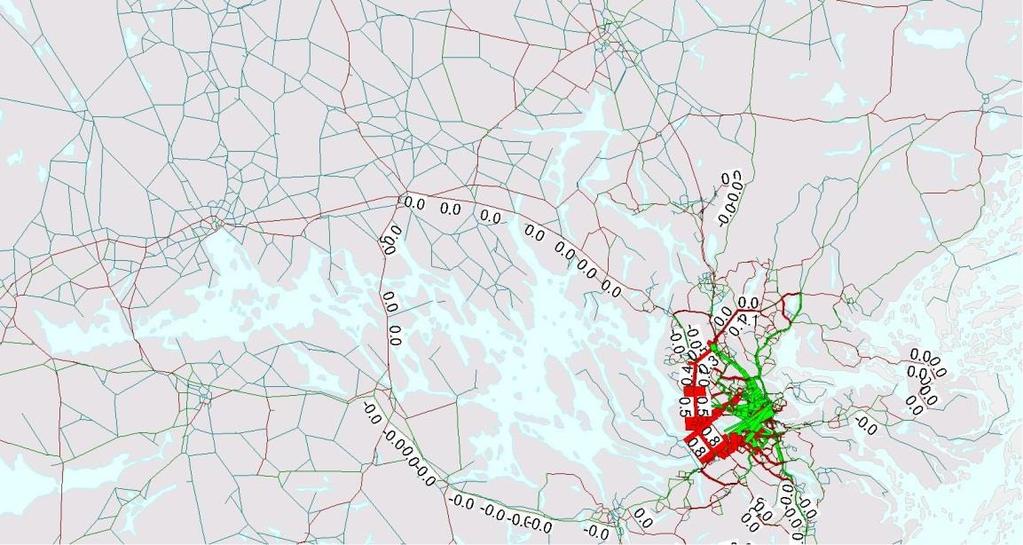 72(95) Figur x Högtrafik morgon Differens Förbifart Stockholm samt trängselskatt på Essingeleden vs utan trängselskatt på Essingeleden 2006 ( CTS-parametrar, endast nätutläggning med matriser från