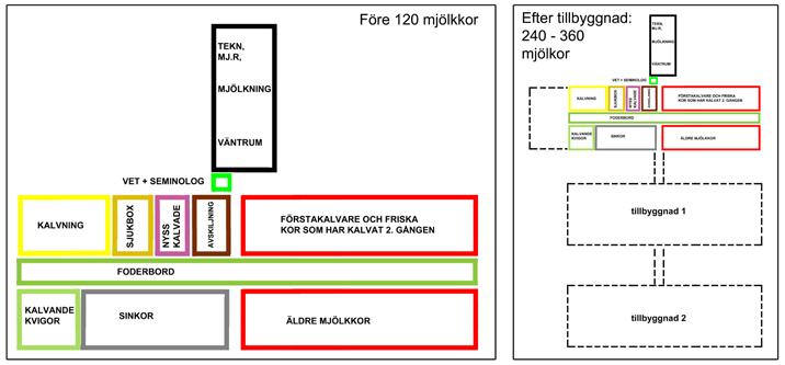 Bild 13. I den här modellen är mjölkningsstationen inrymd i en flygelbyggnad på hallens långsida.