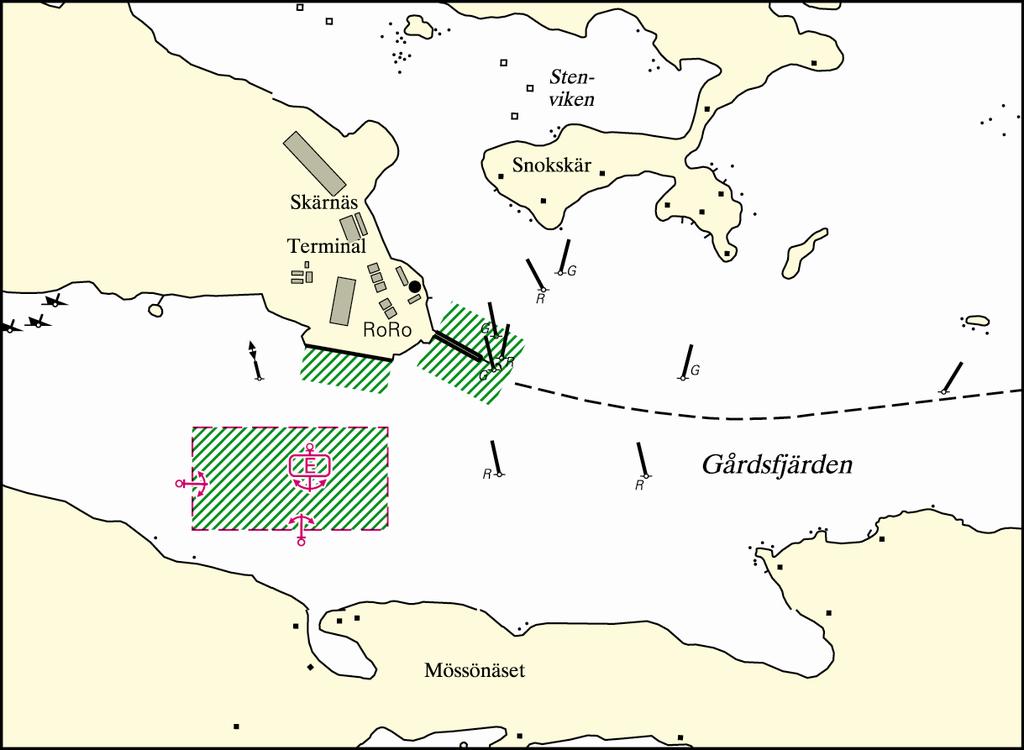 Bilaga 5 Iggesund (Skärnäs terminal) Område Mellan ankarplats E i Gårdsfjärden och kajplats i Skärnäs terminal Mellan kajplatser i Skärnäs terminal BILD Trafik Villkor Alla lotspliktiga fartyg Får