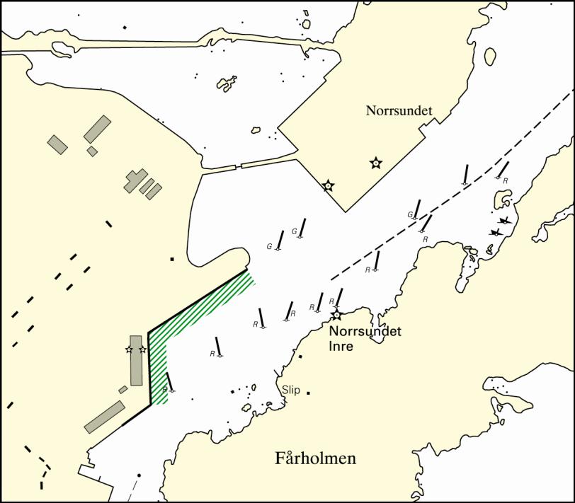 Bilaga 5 Norrsundets hamn Område Mellan kajplatser i Norrsundets hamn Trafik Alla lotspliktiga fartyg Får inte användas för navigering.