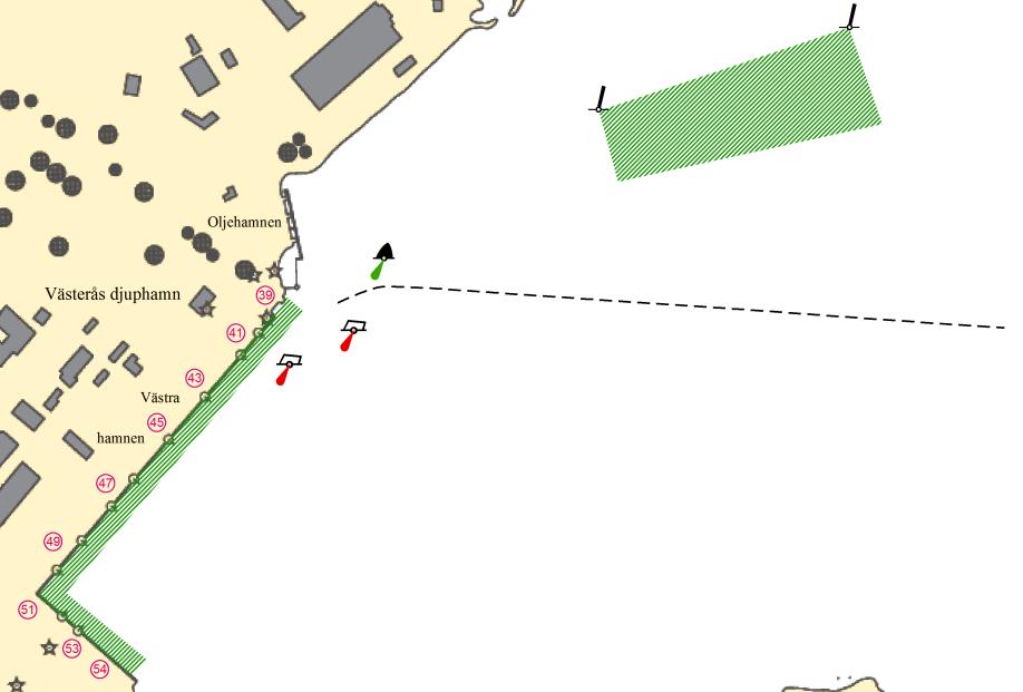 Bilaga 5 Västerås hamnar (Djuphamnen och Östra hamnen) Område Mellan kajplatserna 39 54 i Djuphamnen Mellan ankarplatsen öster om Djuphamnen