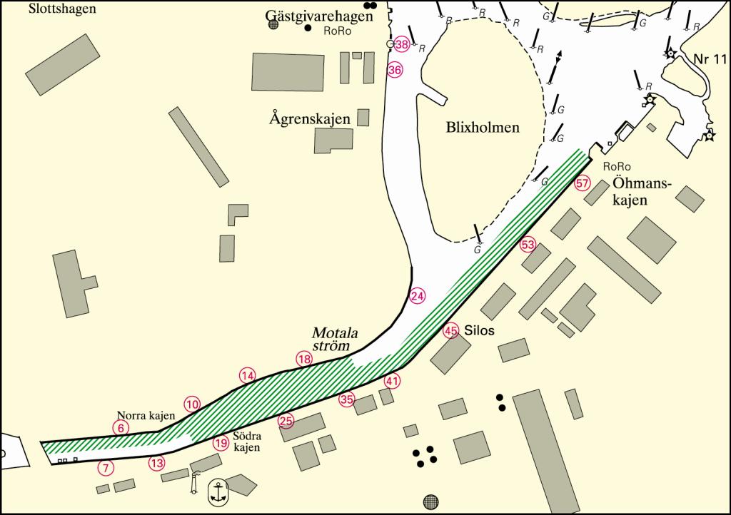 Bilaga 5 Norrköping (Norra kajen, Södra kajen och Öhmanskajen) Område Mellan jämna kajplatser fr.o.m. 4 t.o.m. 20 Mellan udda kajplatser fr.o.m. 17 t.o.m. 59 Mellan jämna kajplatser fr.o.m. 4 t.o.m. 20 och udda kajplatser fr.