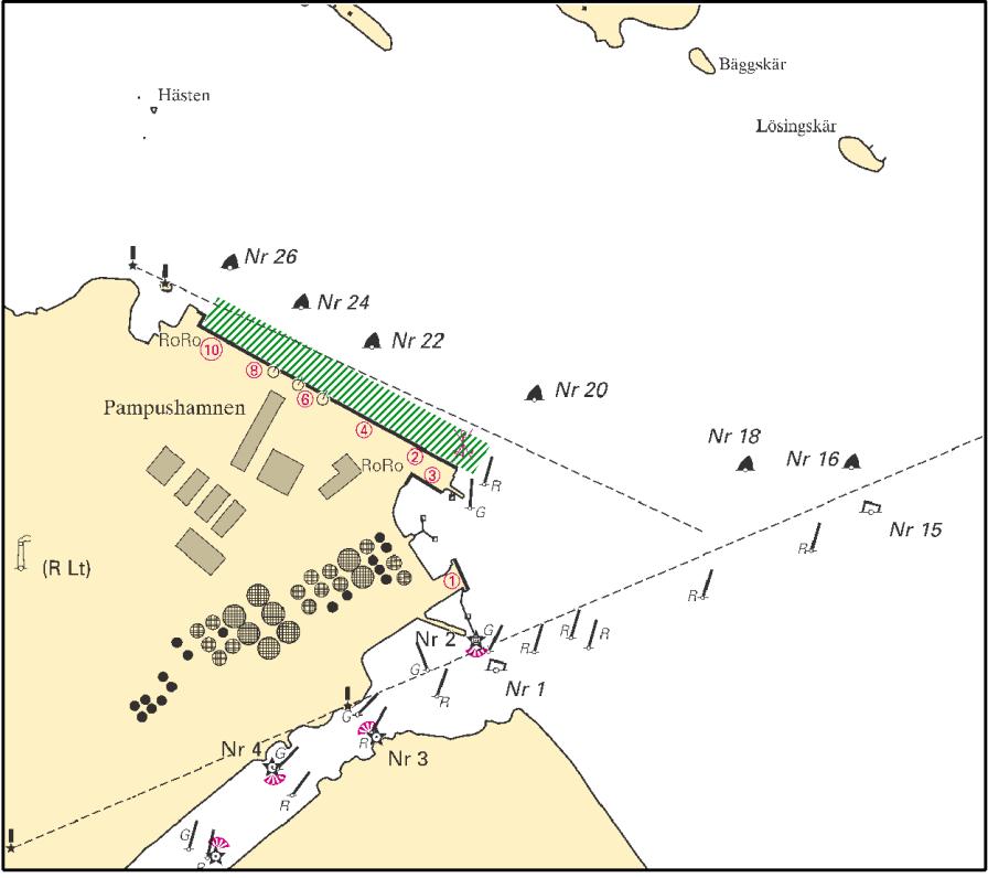 Bilaga 5 Norrköping (Pampushamnen) Område Mellan kajplatserna längs Pampushamnens torrlastkaj Kajplats P1 och P3 ingår inte i området Trafik Villkor Får inte användas för navigering Alla lotspliktiga