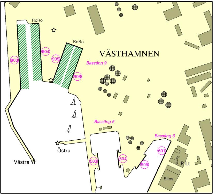 Bilaga 5 Lotsområde Malmö Helsingborg (Västhamnen) Område Mellan kajplatserna 903, 904, 905 och 906 i Västhamnen Trafik Villkor Får inte användas för navigering Alla lotspliktiga containerfartyg som