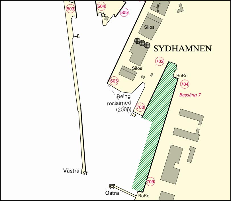 Bilaga 5 Helsingborg (Sydhamnen) Område Mellan kajplatserna 700 709 i Sydhamnen Trafik Villkor Får inte användas för navigering Alla lotspliktiga containerfartyg som tillhör lotspliktskategori 3