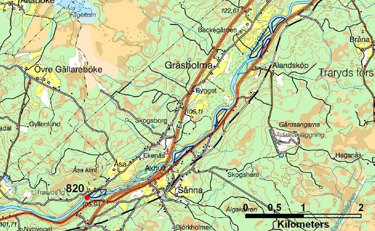 820. Sträckan Strömsnäsbruk-Timsfors, Lagan, Markaryds kommun Löpnummer 07-767-820 Koordinater Ö=416872 N=6262842 1951-04-17: Längs vägen mot Strömsnäsbruk står lågt belägna åkerarealer under vatten,