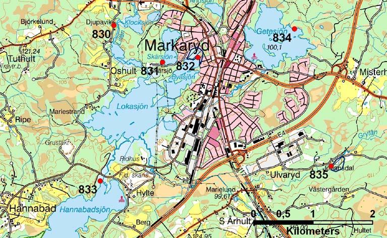 Kartbild över område 830, 831, 832, 833, 834 och 835. 840.