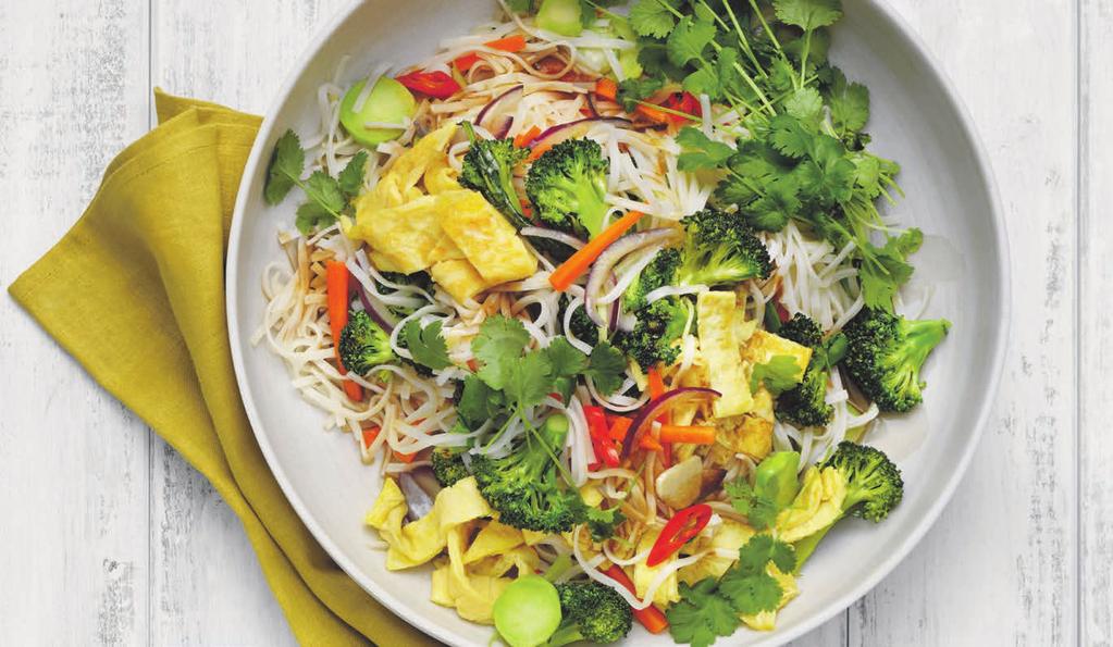 RECEPT 4 25 min 353 kcal/port Fett 18 % Kolhydrater 67 % Protein 15 % Vegetarisk risnudelwok Varma risnudlar med grönsaker och ägg.