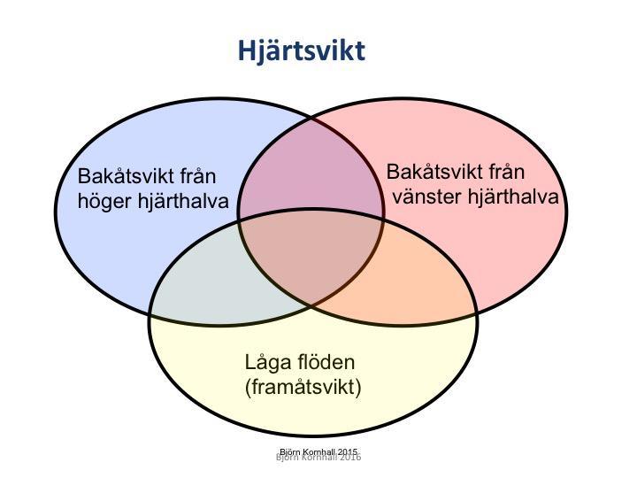 4) Om svikten visar sig som dåliga blodflöden framåt (forward failure) och/eller genom blodstockning bakåt (backward failure) från det ena eller det andra eller båda förmaken.