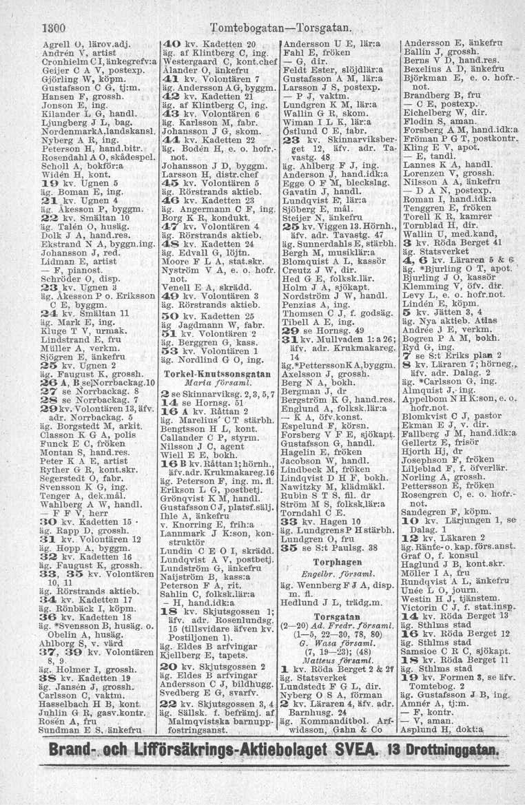 1300 Agrell U, lärov.adj. Andren V, artist Cronhielm C I, änkegrefv:a Geijer C A V, postexp. GjörJing W, köpm. Gustafsson C G, tj:m. Hansen F, grossh. Jonson E, ing. Kilander L G, handl.