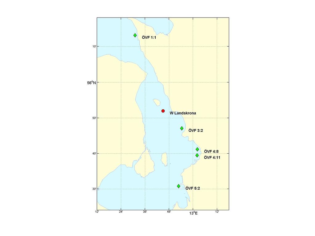 Figur 1. Öresund med provtagningsstationerna inom Öresunds kustkontrollprogram och station W Landskrona som ingår i SMHI:s utsjöprogram. 3 Resultat och diskussion 3.
