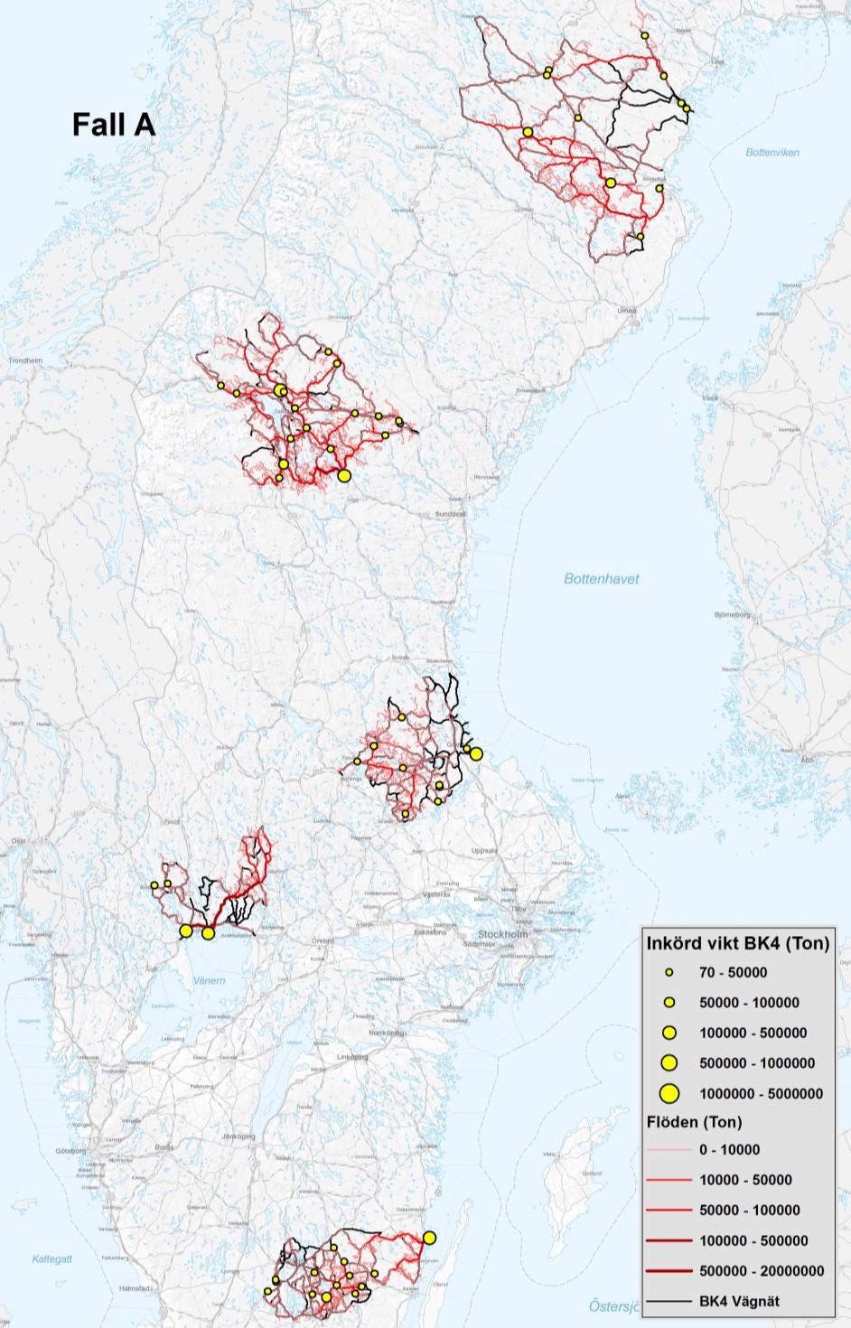 Figur 2. Översiktskarta för Fall A. De svarta linjerna visar BK4-vägnät presenterat i underlagsrapporten, de röda linjerna de flöden som kan transporteras med 74-tonsfordon.