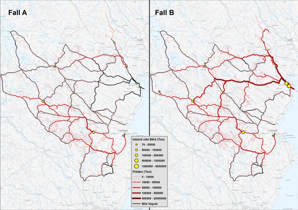 Bilaga 1 Områdesvisa kartor för tilldelat 74-tonsvägnät Kartorna visar av Trafikverket redovisat BK4-vägnät och de flöden av skoglig råvara som kan nyttja föreslaget BK4-vägnät samt vilka