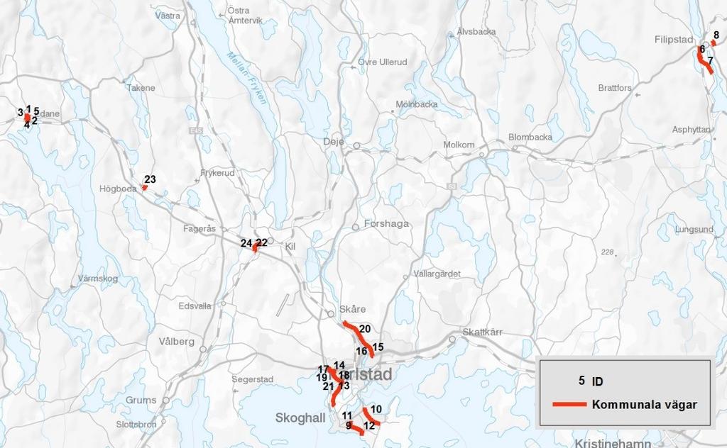 VÄRMLANDS LÄN Figur 12. Kartorna visar vägarna i rött samt ett ID-nummer. Tabell 7. Tabellerna innehåller information om de vägar i rött som finns visualiserade på kartan.