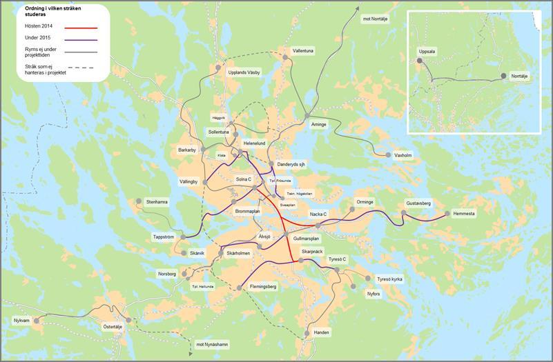 6(37) Under första halvåret 2015 föreslås studier av följande stråk: Flemingsberg Norra Sköndal/Skarpnäck Solna C Danderyds sjukhus & Helenelund Danderyds sjukhus Nacka C Hemmesta Danderyds sjukhus