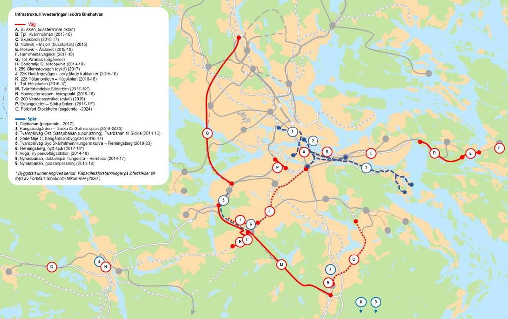 15(37) Figur 4 Planerade infrastrukturinvesteringar i södra länshalvan enligt nationell plan och länsplan 2014-2025 samt tunnelbaneutbyggnader enligt 2013 års Stockholmsförhandling.