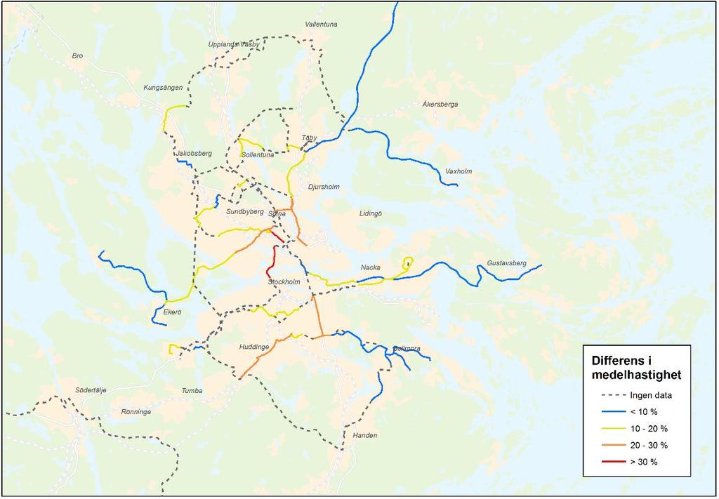 24(37) Figur 9 Skillnad i medelhastighet (%) mellan hög- och lågtrafik längs de studerade stråken. 4.1.