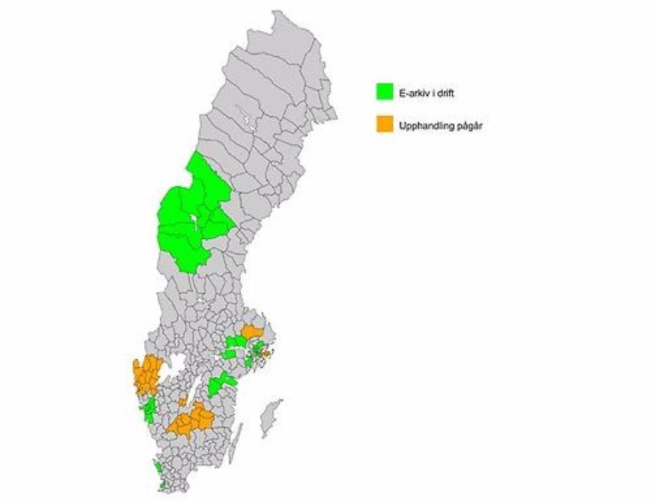 på med en upphandling. Detta i kontrast till att Sverige idag består av 290 kommuner (Regeringen 2015). Figur 2. SKLs karta över e-arkiv under upphandling och i drift. Källa: SKL 2017.