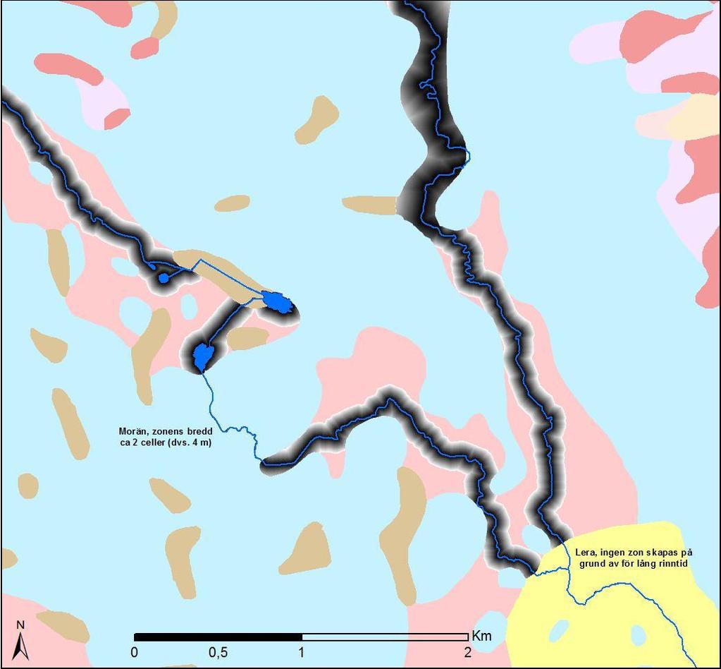2012-05-16 Sida 32 (52) Figur 28. Inzoomat exempel. Jordartskarta i bakgrunden, med vattenytor/vattendrag. Modellerad zon för rinntid 100 dygn (zonens yttre avgränsning).