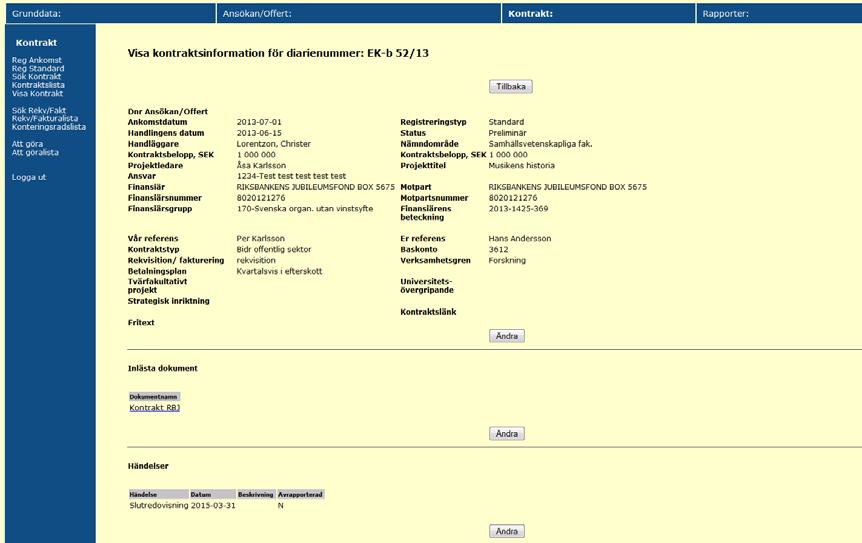 Sista bilden Visa kontraktsinformation visar all information som registrerats