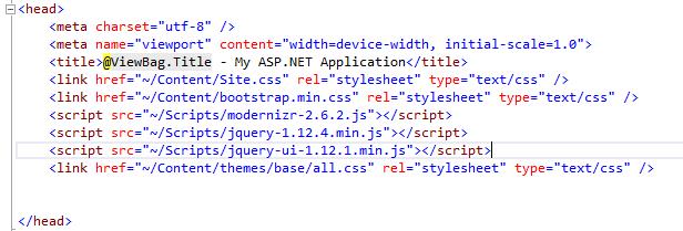 21 Steg 8: I sektionen <HEAD>, lägg till referens för ~/Scripts/jquery-1.12.4.min.js, ~/Scripts/jquery-ui-1.12.1.min.js och /Content/themes/base/all.