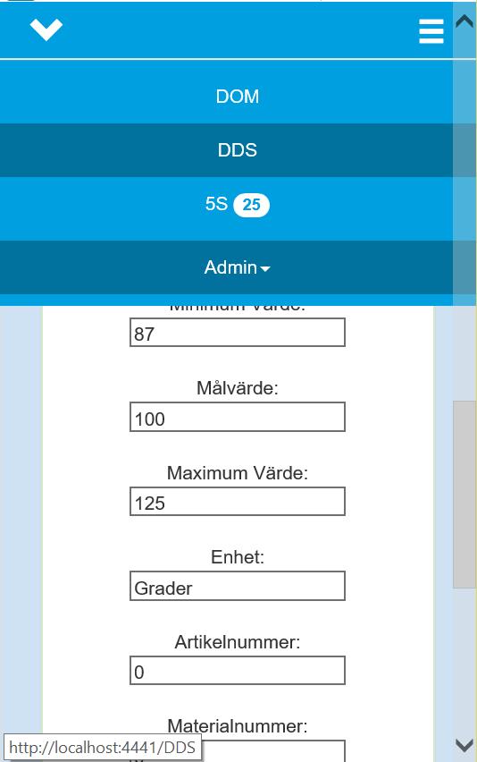 På en mindre skärm anpassas applikationens huvudmenyn till en smidig dropdown-meny istället för huvudmenyn