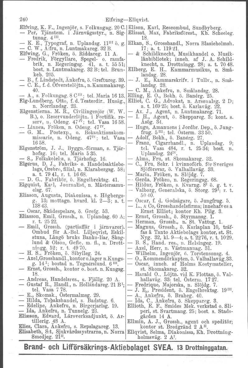 240 ElfvingsEllqvist. Elfving, K. F., Ingenjör, s. Folkungag. 20 C. Elison, Karl, Reseombud. Sundbyberg. Per, Tjänstem. i Järnvägsstyr., n. Sig Elissat, Max, Fabriksförest., Kh. Scheeleg.