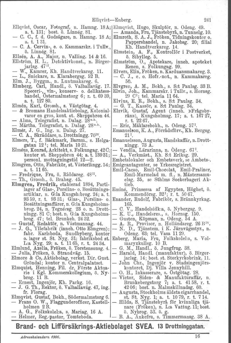 EllqvistEnberg. 24'1 Ellqvist, Oscar, Fotograf, n. Hamng. 18A; Elmqvist, Hugo, Skulptör, n. Odeng. 49. a. t. 131; bost. ö. Linnez.Bl. Amanda, Fru, Tjänstebyrå, n. Tunnelg. 10. C. C., f. d.