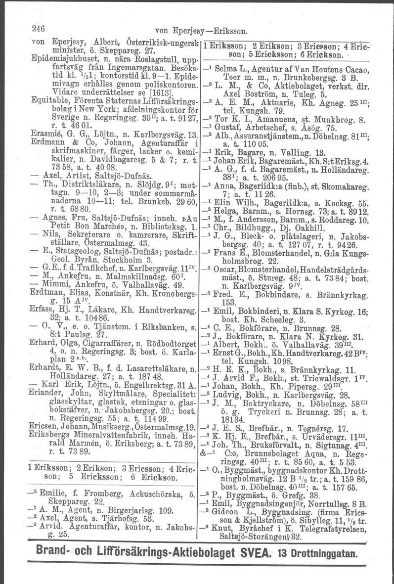 246 von EperjesyEriksson. von Eperjesy, Albert, Österrikiskungersk 1r=E,ri=ksson ::2"""'E:r=ikson 3"""'E=r: ics minister, ö. Skeppareg. 27. Epidemisjukhuset, n. nära Roslagstull, uppson.