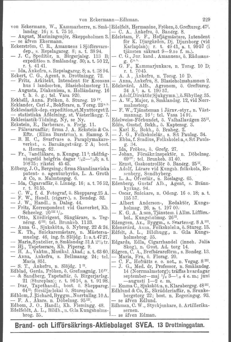 von EckermannEdhman. 229 von Eckermann.'. V:., Kammarherre, n~små1 Edelfelt, H.~rmanine!.Fröken,. Ö. Greftureg. 47 1 landsg.: 16. l. t. 75 16. C. s: Ankefru, o. Banörg. 8.