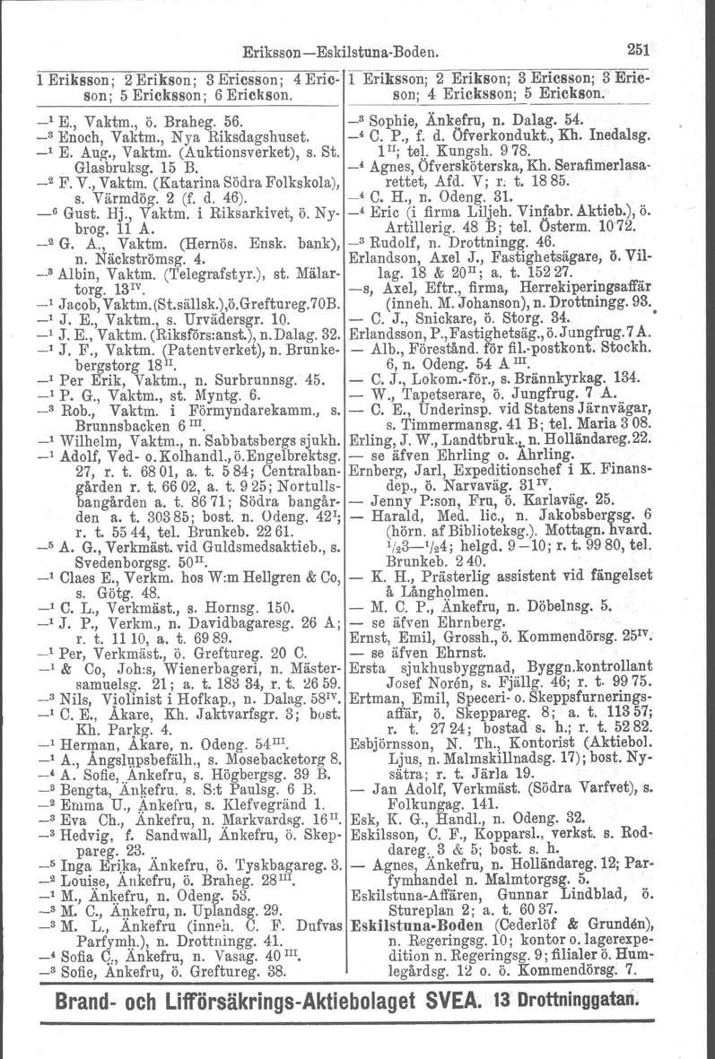 Eriksson Eskilstuna Boden. 251 1 Eriksson j 2 Erikson ; 3 Ericsson j 4 Erio leriksson; 2 Eriksonj 3 Ericsson; 3 Ericsonj 5 Ericksson; 6 Erickson. sonj 4 Erickssonj 5 Erickson. _1 E., Vaktm., ö.