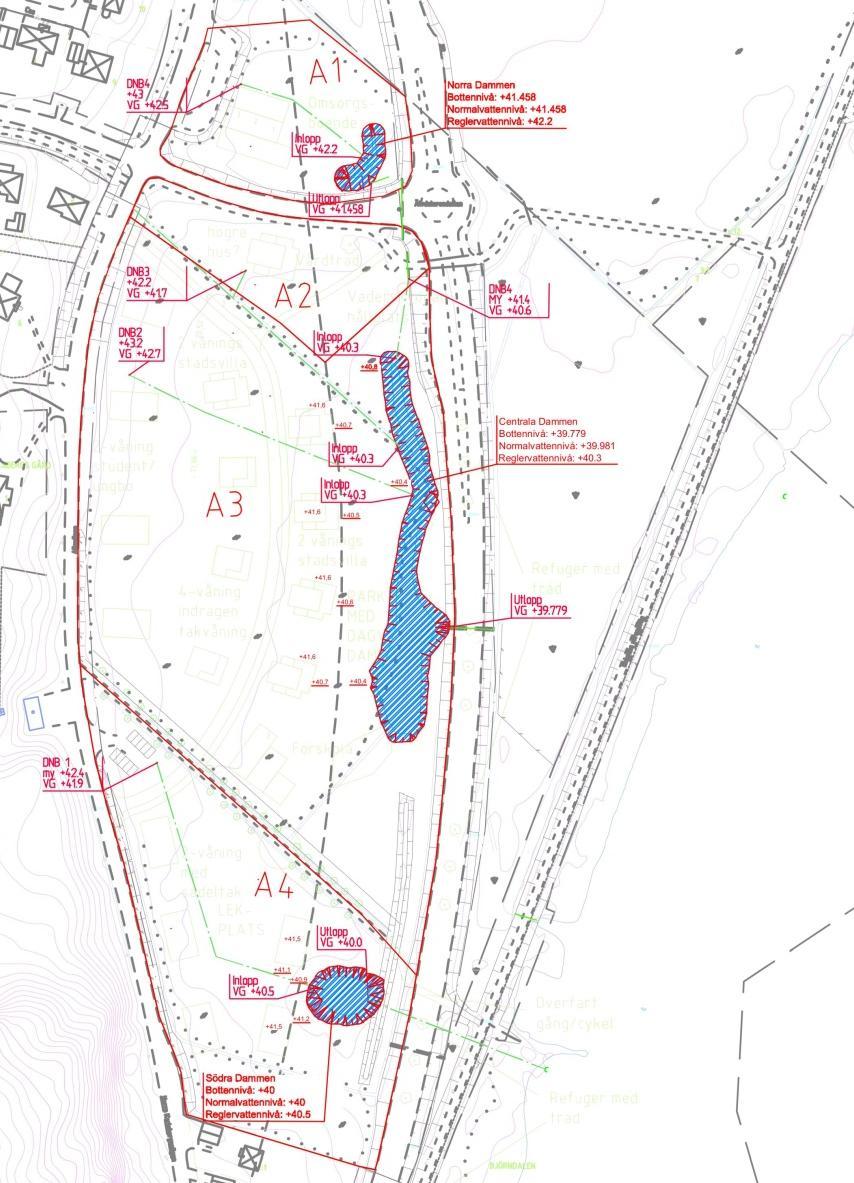 Figur 5. Föreslagen dagvattenlösning för planområdet, se även bilaga 2. De blå pilar visar översiktligt rinnvägarnas riktning igenom området. 4.