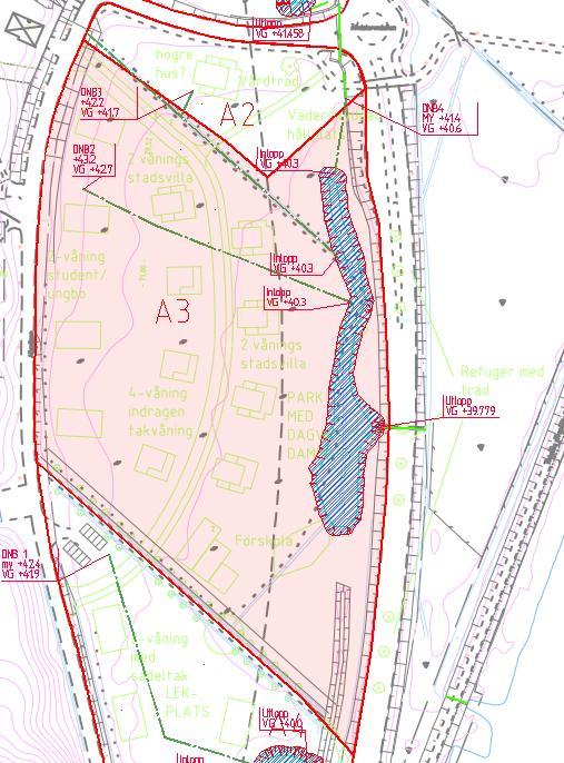Figur 7. Översikt över områdena A2 och A3s dagvattenhantering. 4.5.3 Område A4 Lösningen för A4 är att vattnet leds via rännor till en damm som kan ses i Figur 7.