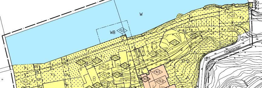 Figur 4. Detaljplan för Danviks Strand i Nacka kommun (DP 280). Även figur 5 visar ett utdrag från en detaljplan i Nacka men här är x-området av betydligt mindre omfattning.