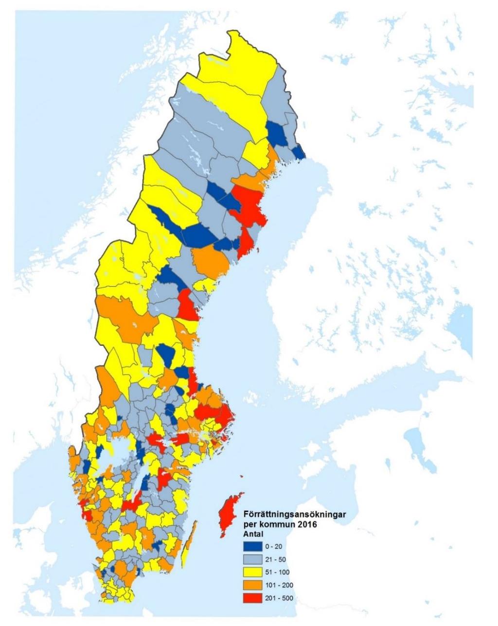 Figur 4 Antal inkomna ansökningar om lantmäteriförrättning per kommun 2016.