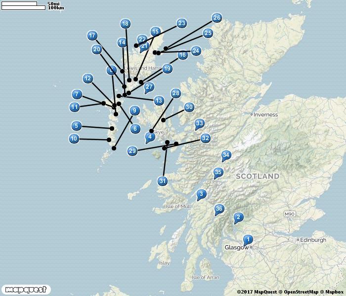 SKOTTLAND 1. Paisley, Glasgow 2. Loch Lomond 3. Oban 4. Färja South Uist 5. Loch Duidibeag 6. Loch Skealtar 7. Langass, N Uist 8. North Ford Benbecula 9. Eriskay 10. Loch Hallan 11. RSPB Balranald 12.