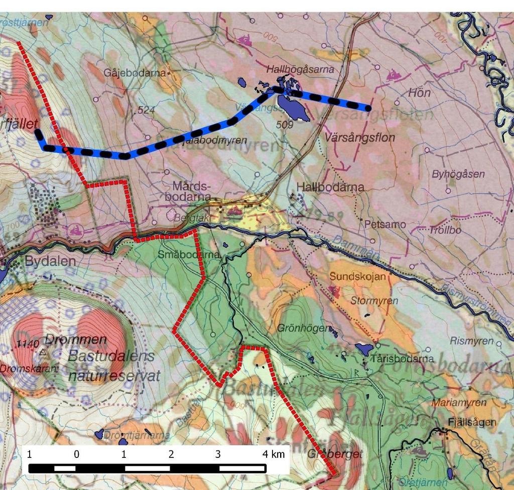 Översiktlig geologi Området direkt om Bydalen har en komplex geologi där isälvsmaterial och finare issjösediment ibland bildar tydliga ryggar, mindre terrasser och deltan.