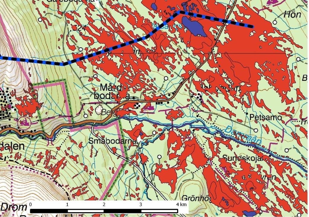 Område 6 Området utgörs till dels av isälvsmaterial men är beläget på ett relativt stort avstånd från väg och strömförsörjning Myrområden I området förekommer rikligt med våtmarker.