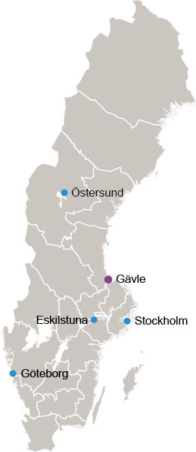 Statens servicecenter har därutöver två stödavdelningar samt ett antal stödfunktioner. Figur 2. De orter i landet där Statens servicecenter har kontor.