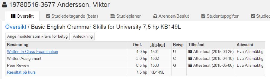 Visa underkända resultat En students underkända resultat på en modul visas på ett antal ställen. Sök fram studenten. Klicka ut kursen.